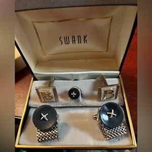 Vintage Swank Cufflinks B Monogram 5 piece set Black Silver Rare